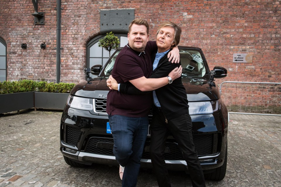 A musical mystery tour…Sir Paul McCartney hugs James Corden by the karaoke car