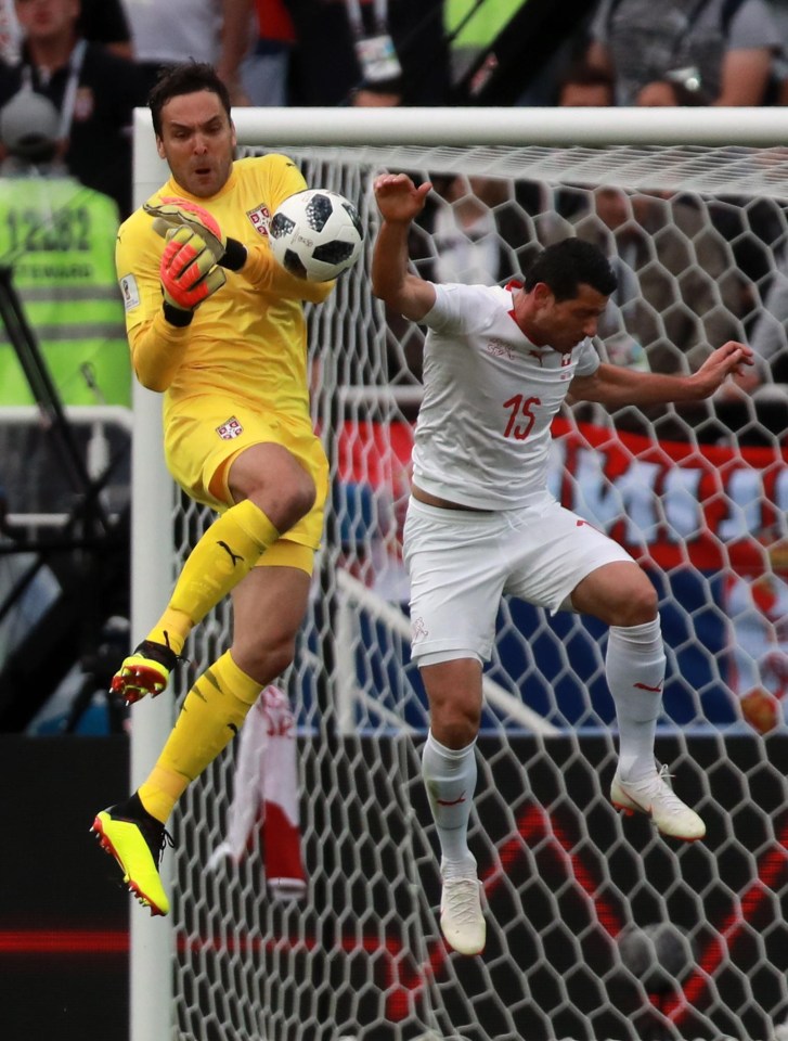 Serbia keeper Vladimir Stojkovic and Switzerland’s Blerim Dzemaili