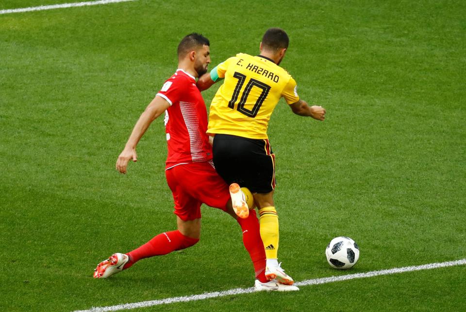  Belgium star Eden Hazard was given a penalty after being fouled by Syam Ben Youssef