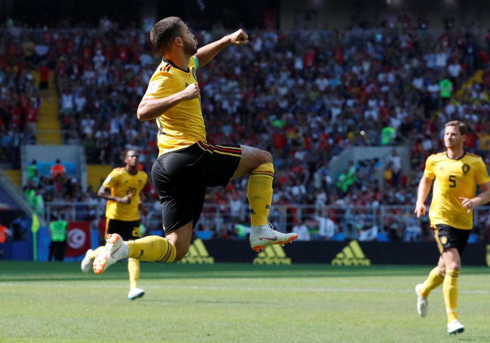  Hazard, 27, celebrates after netting his first goal at a World Cup