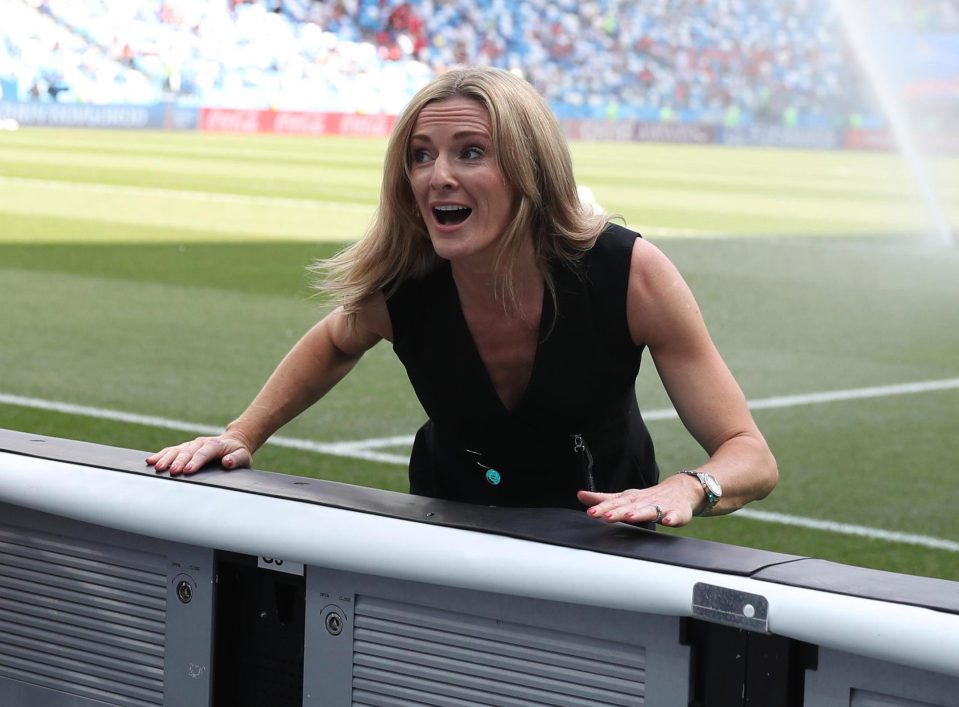  BBC presenter Gabby Logan narrowly avoided being hit by the water sprinklers on the pitch