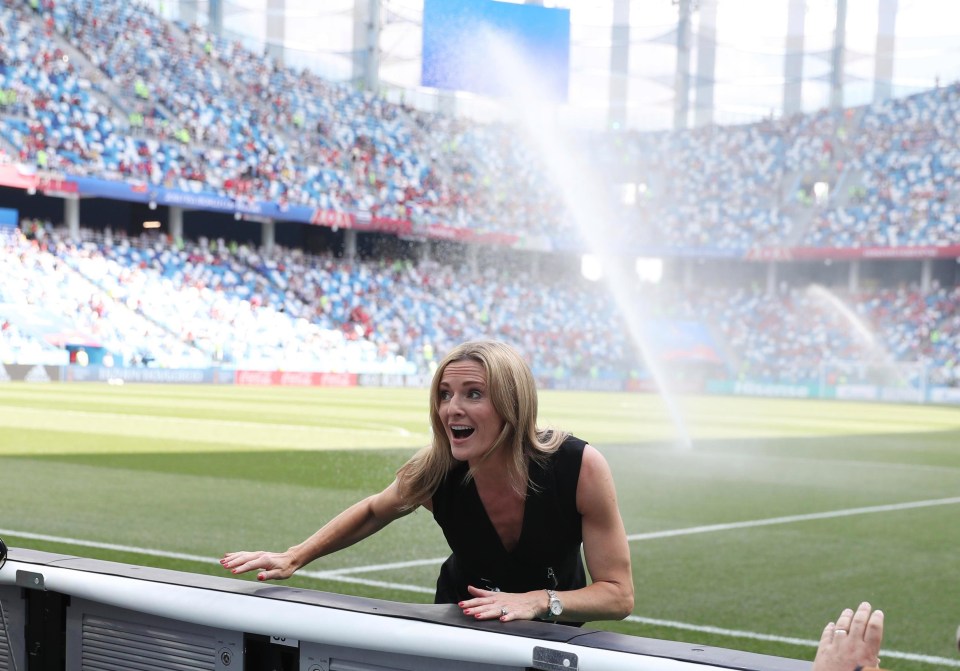 Gabby Logan was targeted by the pitch sprinklers and beer during England’s win over Panama