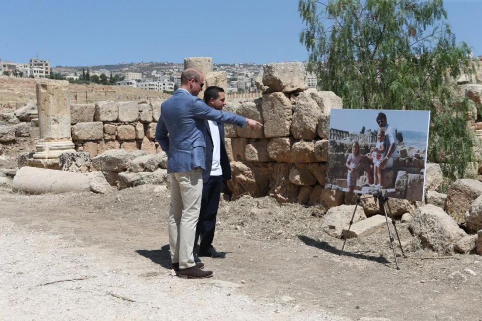  Prince William  also visited the ancient Roman ruins of Jerash in Jordan, and pointed to an image of his wife Kate Middleton in the same spot, 20 years ago