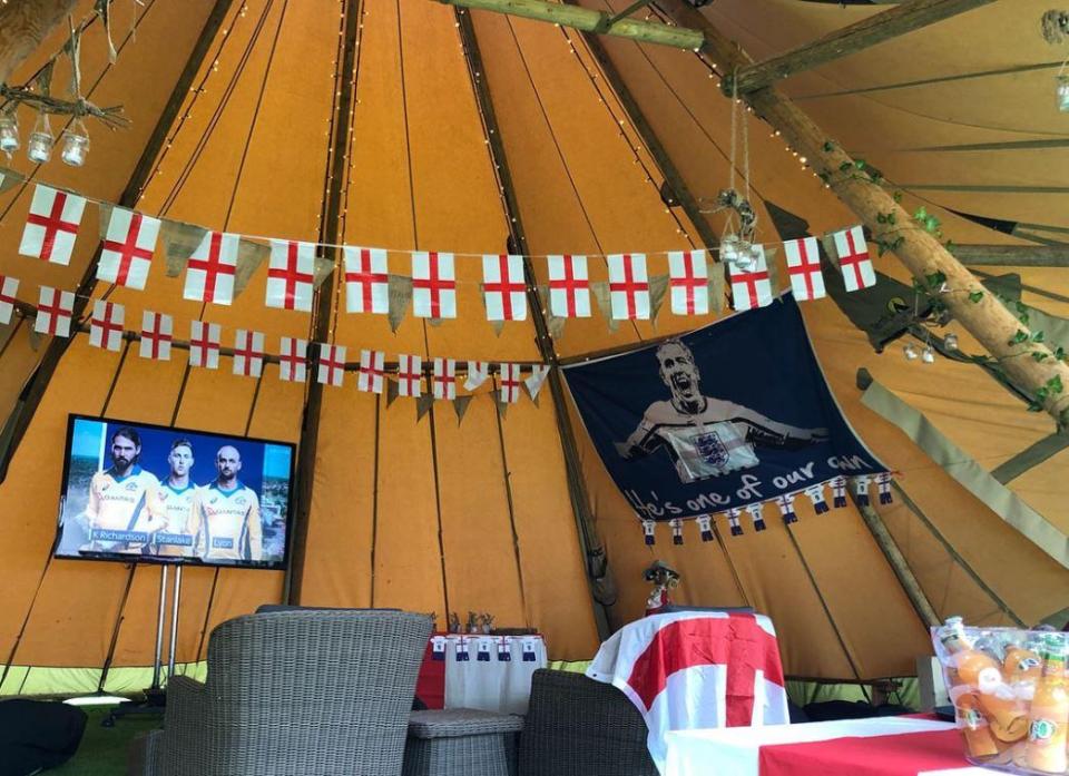  The giant tent includes a widescreen TV, St George bunting and a poster of Kane himself