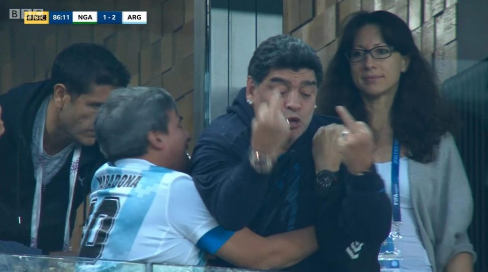  Diego Maradona does this middle finger gesture during Argentina's 2-1 win over Nigeria