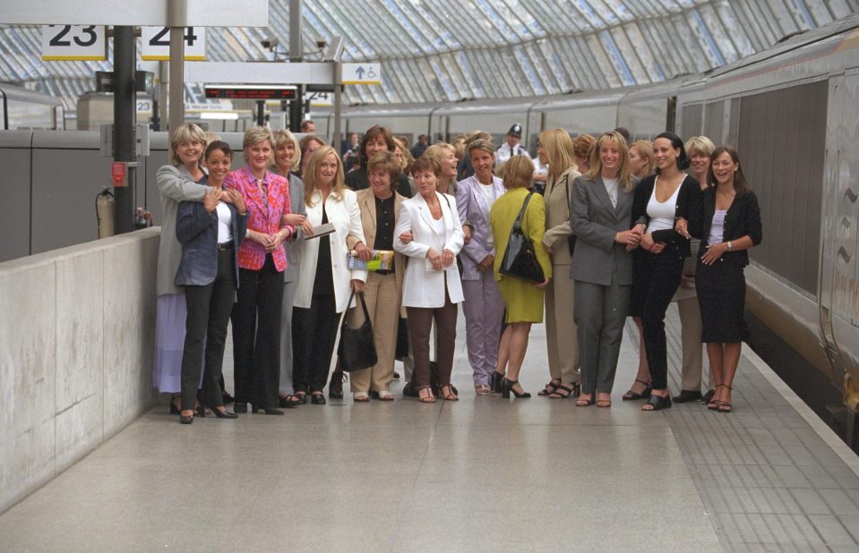  Debbie Rodgers (girlfriend of David Seaman), second left, Claire Ince (Paul Ince), third left, Mandy Batty (David Batty), fourth left, Claire Froggatt (girlfriend of Paul Scholes), fifth left, Lorraine Merson (Paul Merson), lilac suit centre, Tracey Edwards (girlfriend Of Steve McManaman), third right, and Louise Bonsall (girlfriend of Michael Owen), far right, wait to board train to France at Waterloo