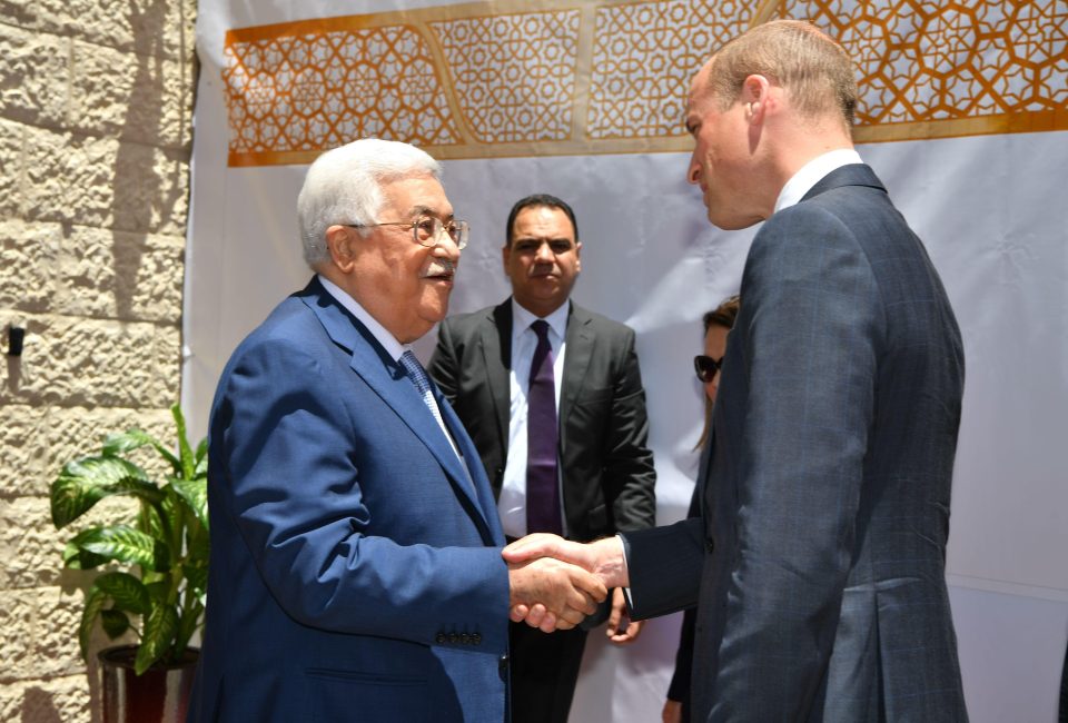  Prince William and Palestinian president Mahmoud Abbas shake hands as the Duke arrives in Ramallah