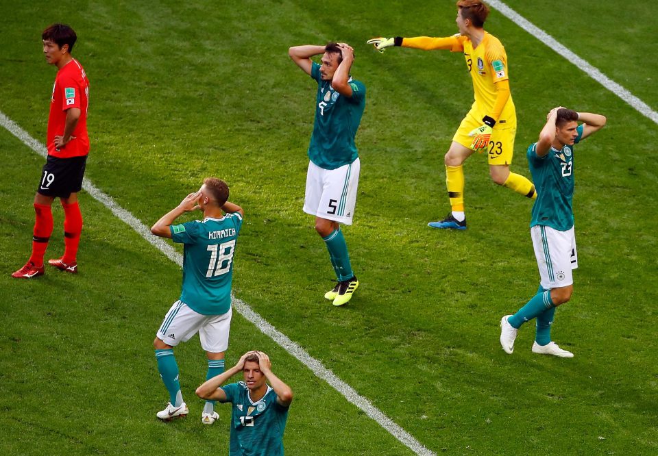  Germany defender Mats Hummels reflects on one of his own misses with team-mates - before South Korea struck twice late on to dump the holders out