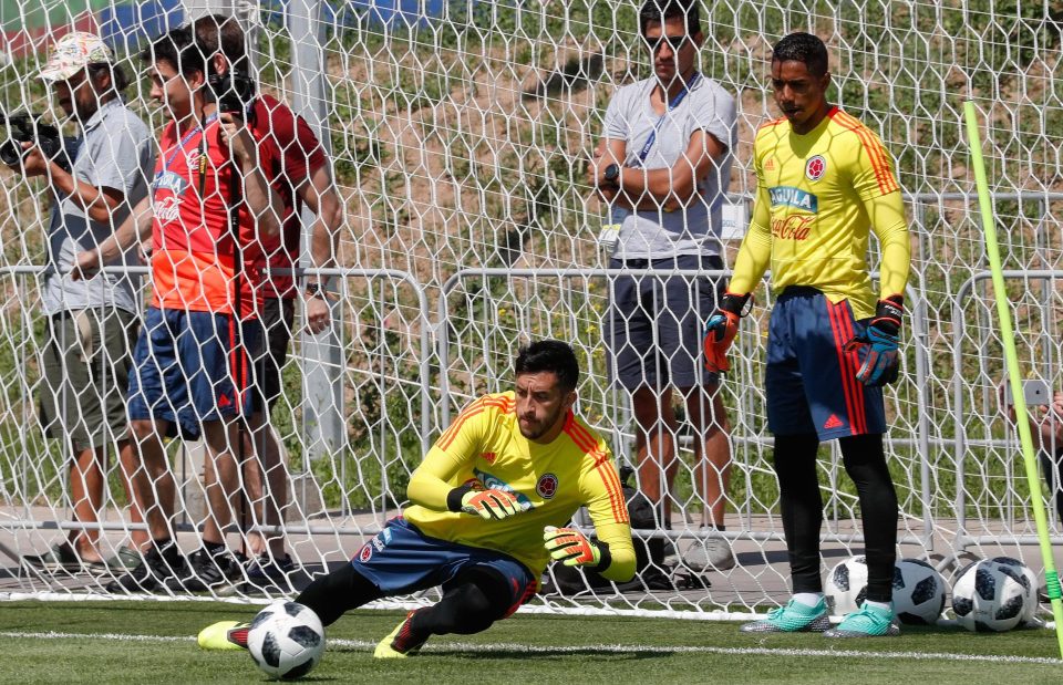  Keepers Camilo Vargas and Jose Cuadrad are kept busy in practice at the Sviyaga stadium in Kazan