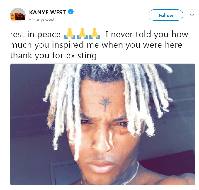  Kanye West led the tributes to the 20-year-old rapper by posting a picture of him on Twitter