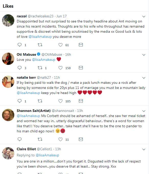  These are the messages of support Lisa has received... but they're not complimentary of Ant's new woman