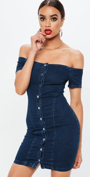  This denim bardot dress is equally as slinky as Megan's day date outfit