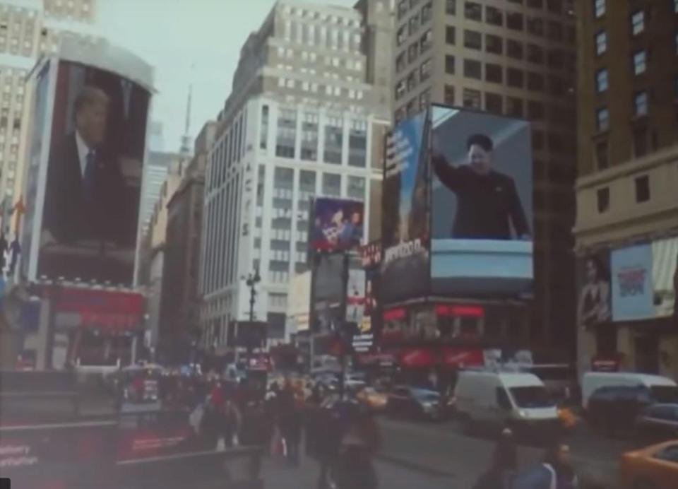  The cheesy film trailer showed what life would be like if North Korea ditched nukes. Here Kim Jong-un and Trump are projected onto Times Square