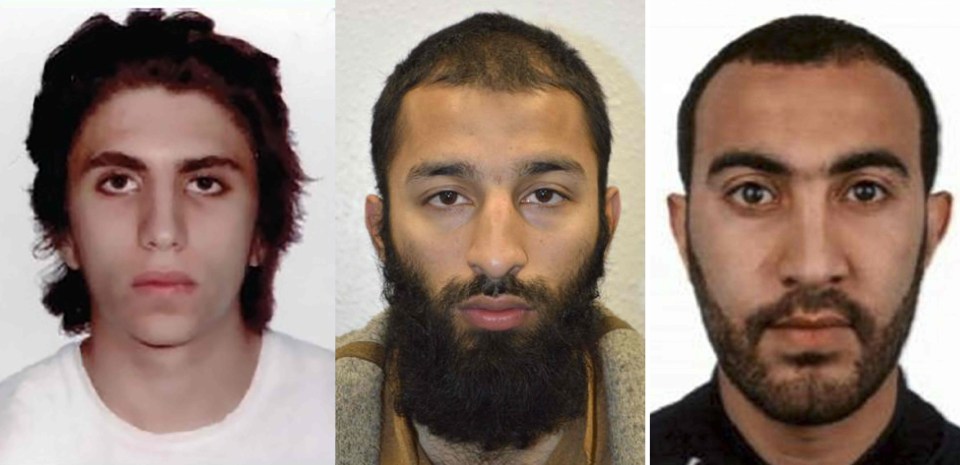 Youssef Zaghba, Khuram Shazad Butt and Rachid Redouane (L-R) drove a van into pedestrians on the bridge then rampaged through the streets with 12in blades