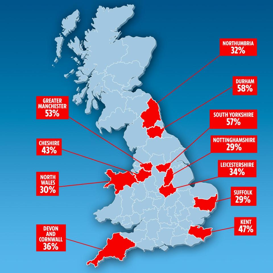  This graphic highlights the areas which have seen the biggest surge in violent crimes year-on-year