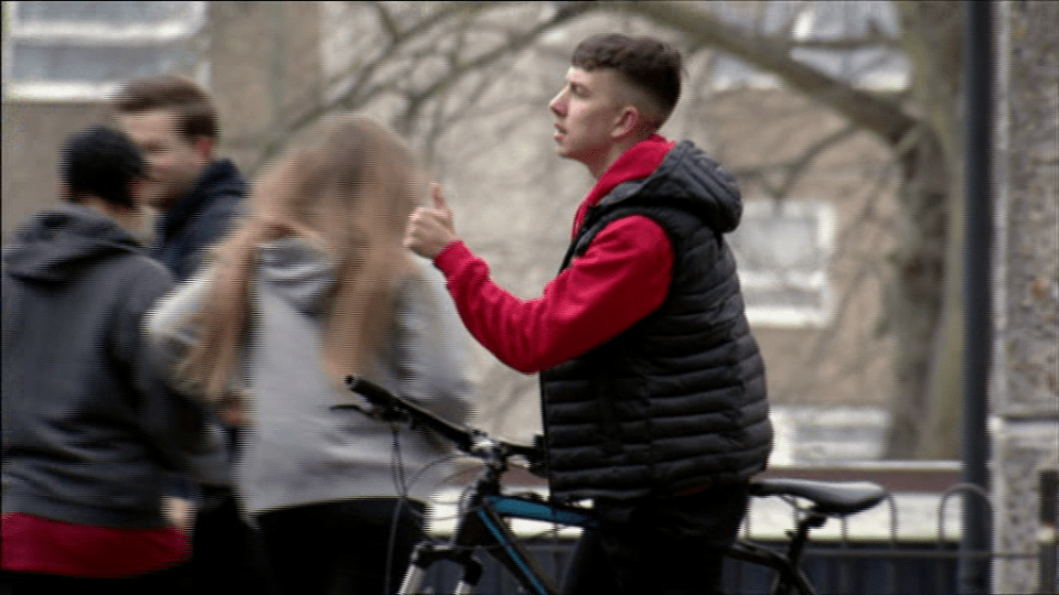  The pair watched as stabber Bruno, seen here in the red jumper, joked about with his pals