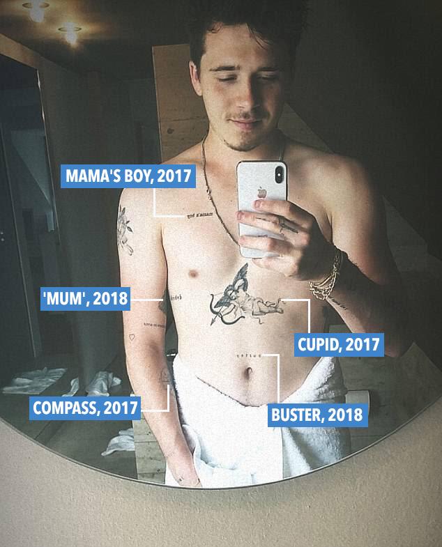  Brooklyn Beckham has showed off his extensive tattoo collection with a topless mirror selfie