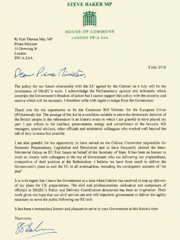 Steve Baker’s letter of resignation to the Prime Minister