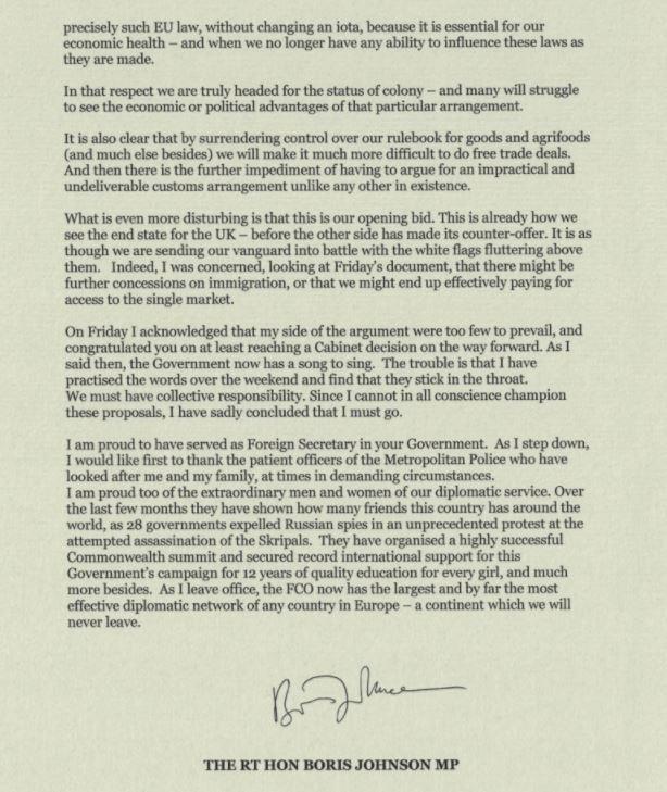 The resignation letter Boris Johnson sent to Theresa May this evening