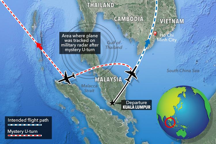 Graphic showing the diverted flight path of the doomed MH370 jet – a new report claims hijackers may have taken over the aircraft