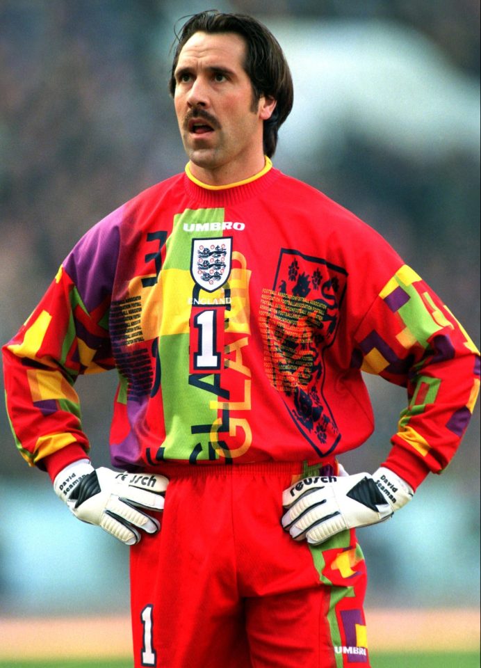  Sweet save, Dave...David Seaman wears Englands 'refresher' kit in 1996