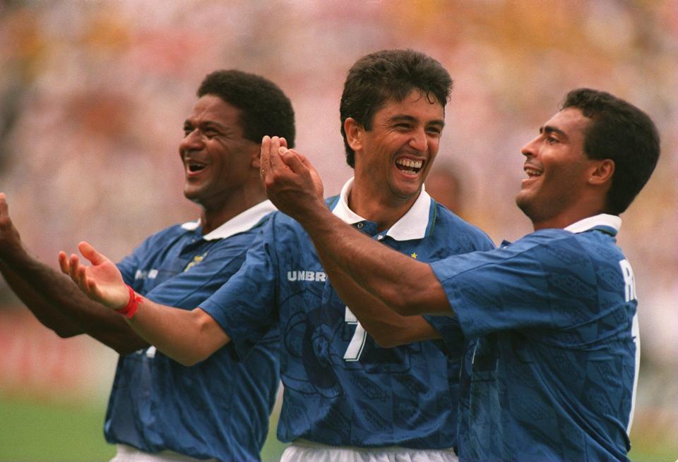  Romario and Bebeto perform the famous baby cradle celebration that won hearts at World Cup 1994