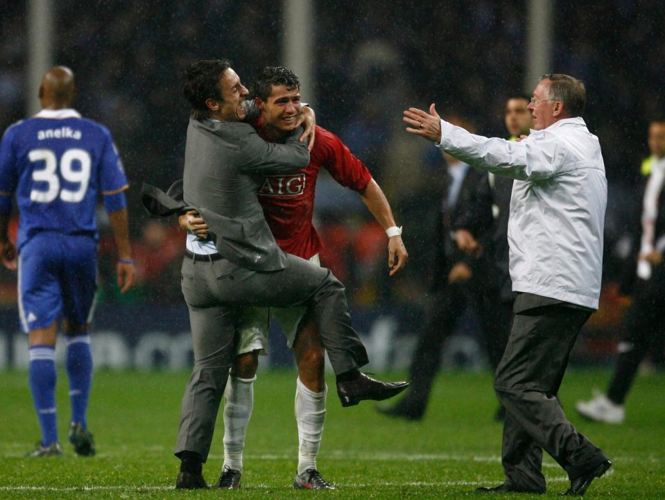  Gary Neville hugs Cristiano Ronaldo after Manchester United's Champions League final victory in 2008