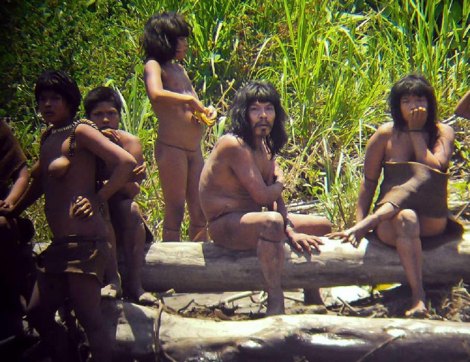  Uncontacted members of a family from the Mashco-piro tribe somewhere in the southeastern Peruvian jungle