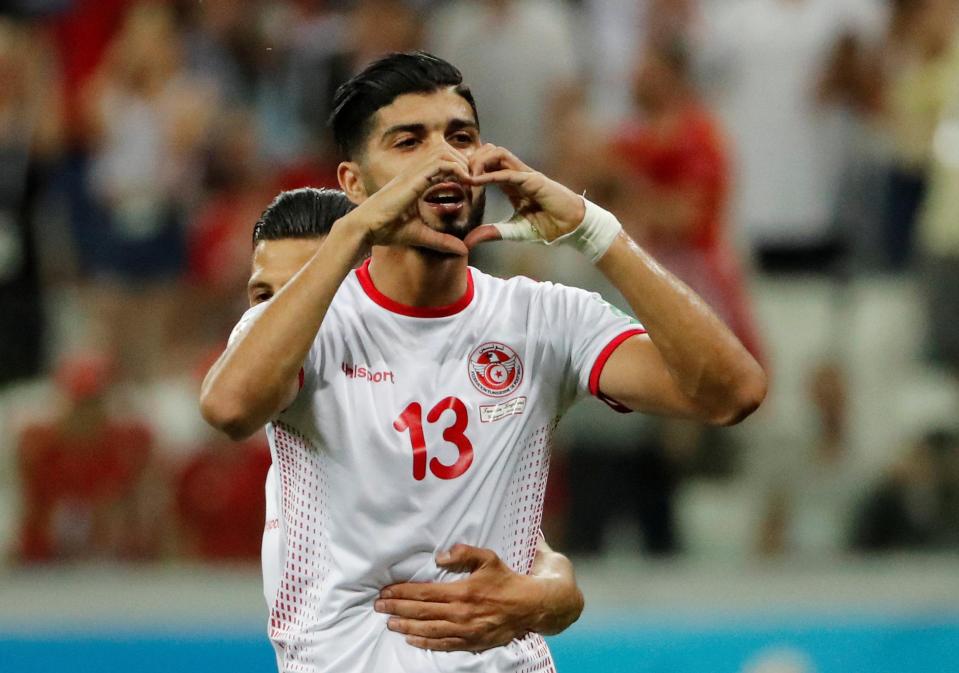  Tunisia midfielder Ferjani Sassi celebrated with a love heart after scoring a penalty against England