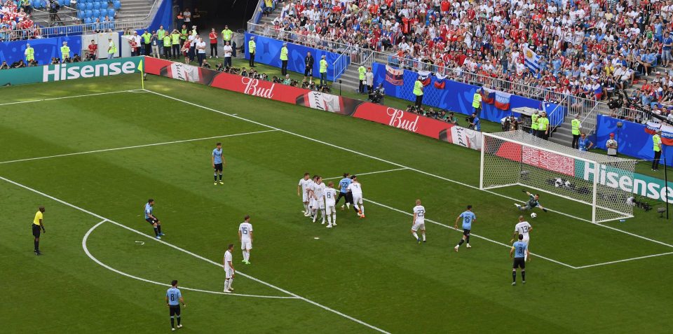  Luis Suarez put Uruguay in front last week - after Sergei Ignashevich pushed the free-kick wall away