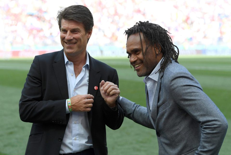  Laudrup with French hero Christian Karembeu at the World Cup