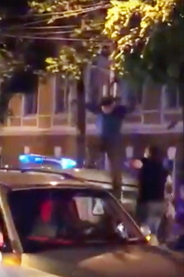  The moment the fan climbs onto the roof of the cop car