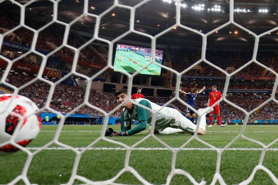  Thibaut Courtois can only watch as the ball fires past him into the back of the net