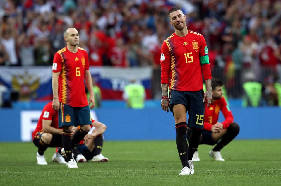  Sergio Ramos was powerless to prevent Spain, hit by controversy before a ball had even been kicked, tumbling out of the World Cup