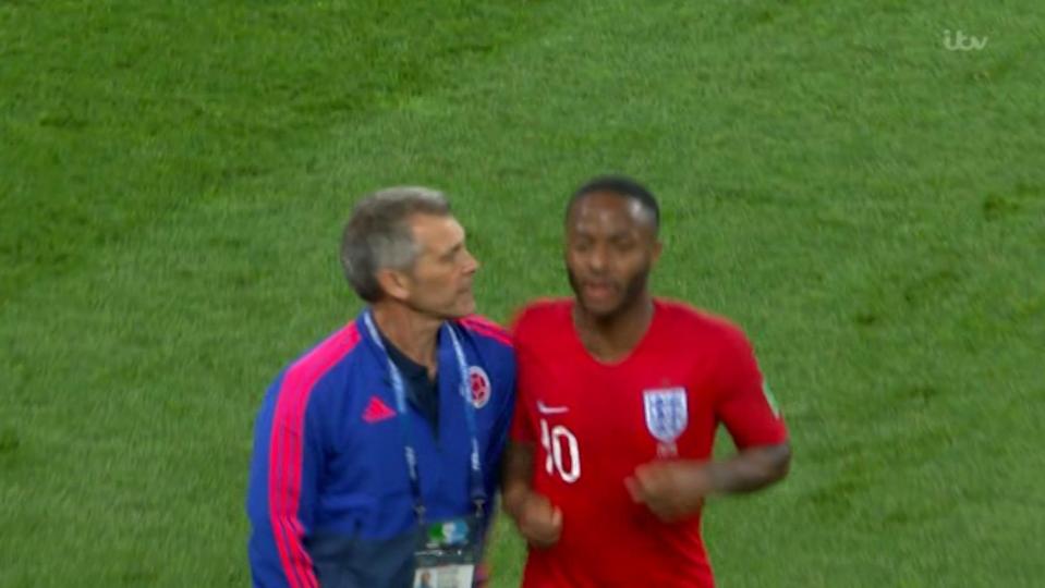  Colombian coach Urtasun barged Sterling as he headed down the tunnel at half-time