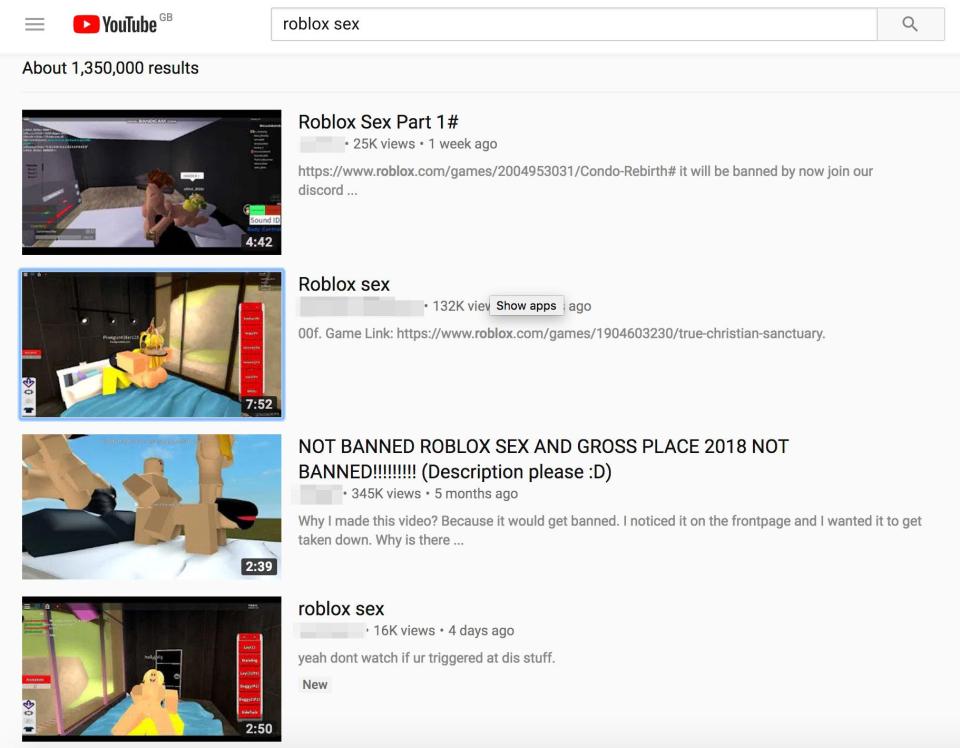  Searching for "Roblox sex" on YouTube brings up hundreds of twisted clips