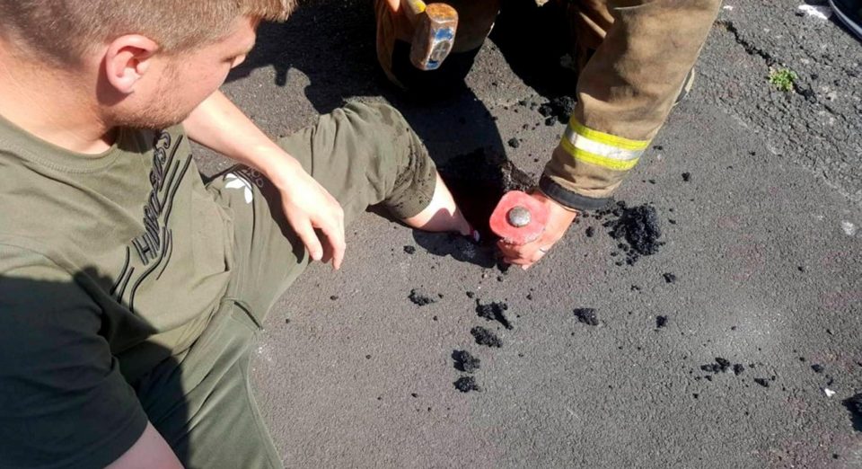  A man's foot was trapped inside a hole of melted Tarmac as he walked to buy breakfast in Newcastle