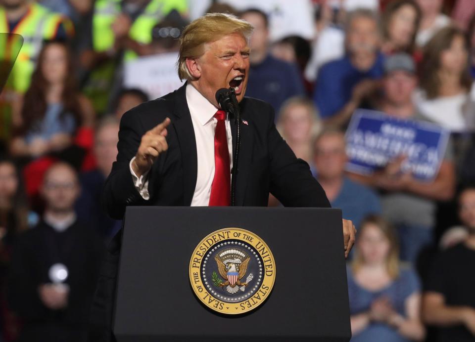  Trump addresses the audience at a Make America Great Again rally at the Four Seasons Arena at Montana ExpoPark