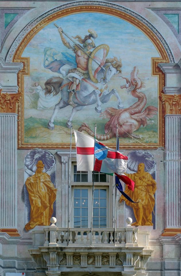  The flag flies in front of an image of St George on Genoa's San Giorgio palace