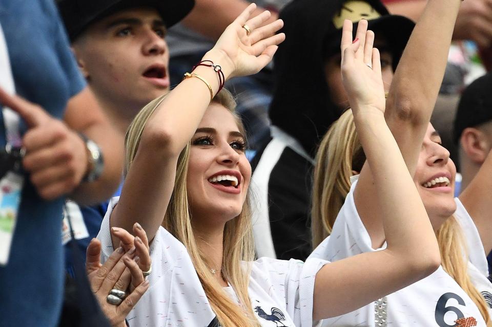  Paul Pogba's girlfriend Maria Salaues cheers him on wearing a France shirt with his name on against Uruguay