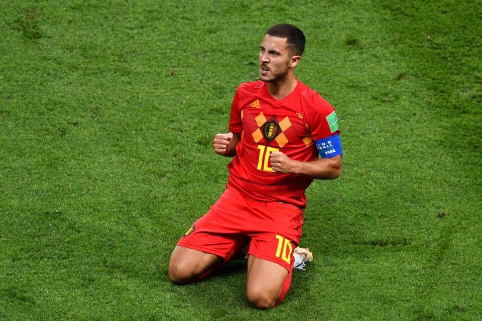  Eden Hazard celebrates scoring for Belgium against Brazil last night in Kazan.