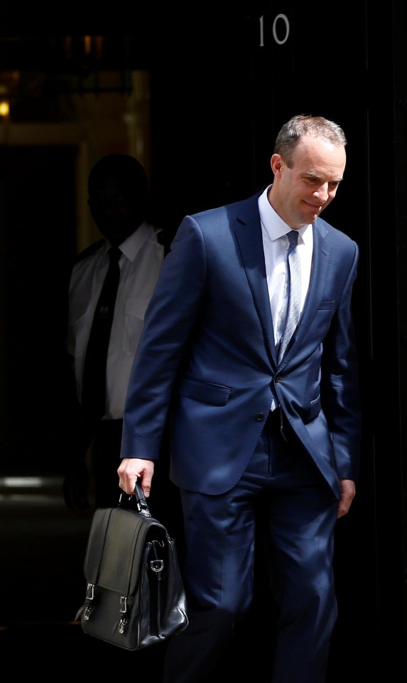 A happy-looking Raab leaving No10 this morning after being promoted to Brexit Secretary