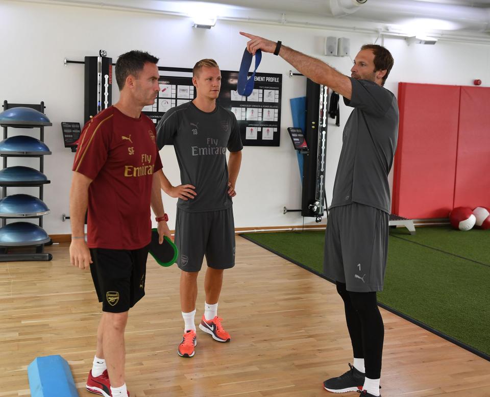  Bernd Leno and Petr Cech with fitness coach Shad Forsythe