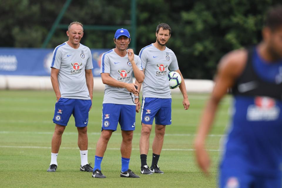  Antonio Conte alongside Gianluca Spinelli and Carlo Cudicini and Chelsea's Cobham training ground