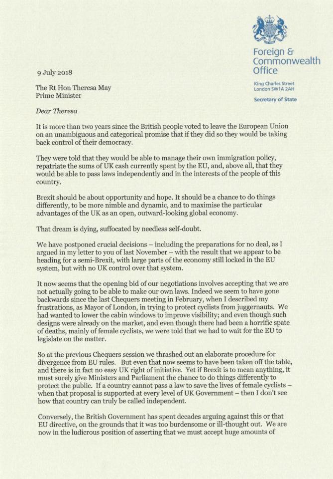  Johnson's resignation letter addressed to Prime Minister Theresa May