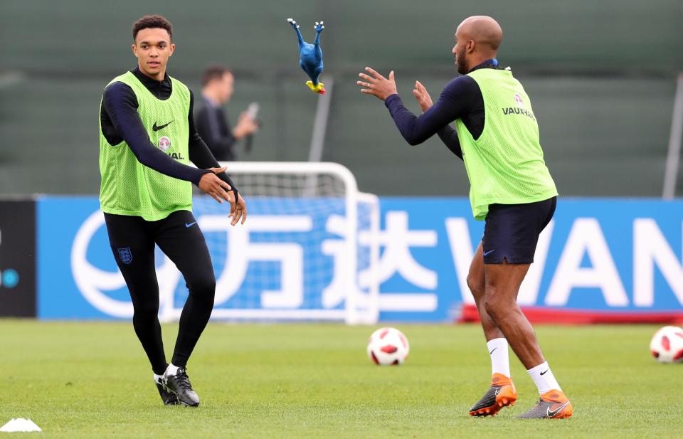  One of the rubber chickens is thrown towards Fabian Delph as he gets set to play the role of safe hands