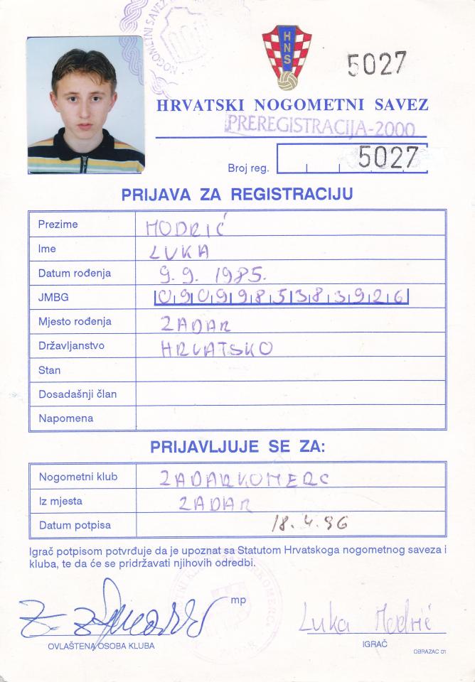  An early football club registration card from Modric's childhood