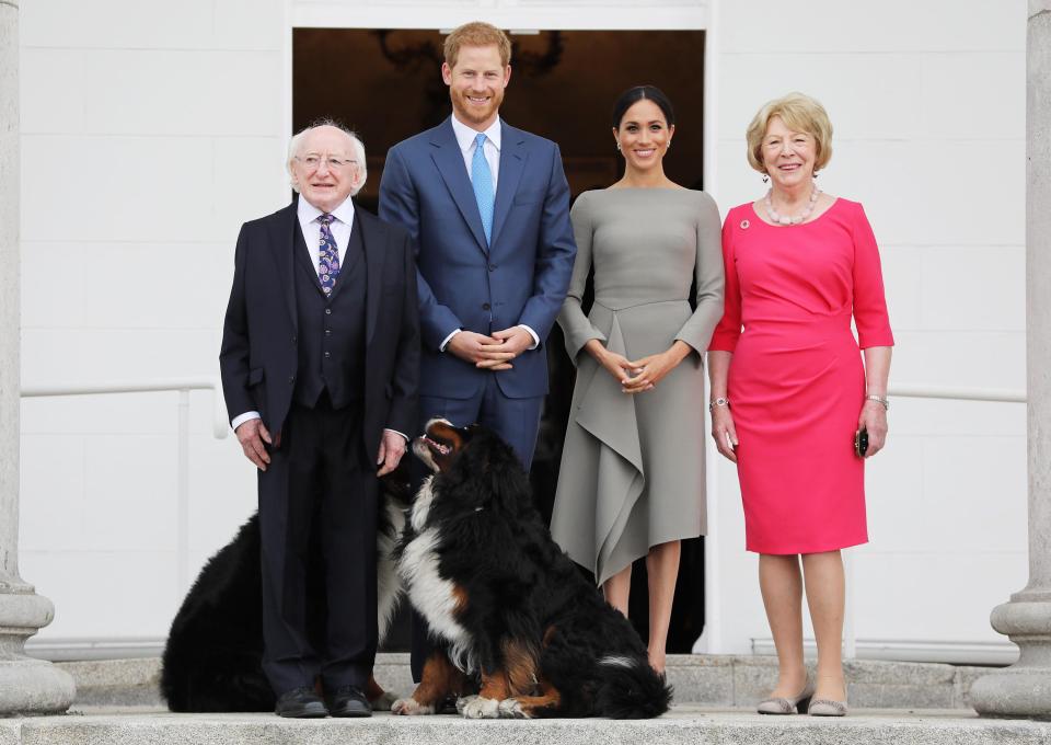  Harry and Meghan today met with Irish President Michael D Higgins, his wife Sabina and their dogs Brod and Sioda