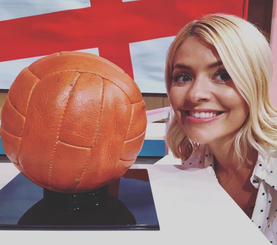  Holly Willoughby showed her support by posing with the 1966 match winning ball