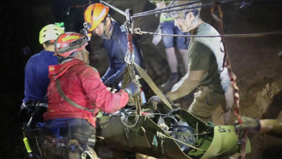  Rescue personnel work at the cave complex in the northern province of Chiang Rai